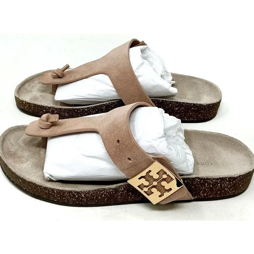 🆕Tory Burch Mellow T-Strap Suede Thong Cork Malva Pink Sandals NIB